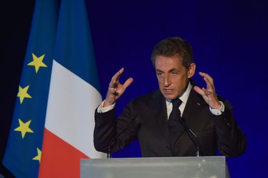 BORDEAUX, FRANCE - NOVEMBER 22, 2014 : Political meeting of the former President of the Republic, Nicolas Sarkozy in Bordeaux with Alain Juppe Mayor of the City. High quality photo