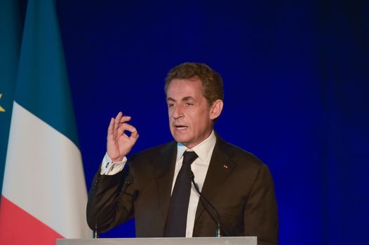 BORDEAUX, FRANCE - NOVEMBER 22, 2014 : Political meeting of the former President of the Republic, Nicolas Sarkozy in Bordeaux with Alain Juppe Mayor of the City. High quality photo