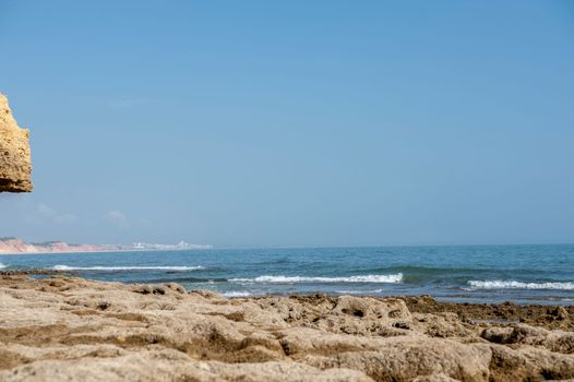 Maria Luisa beach with rock formation in Albufeira, Algarve, Portugal.