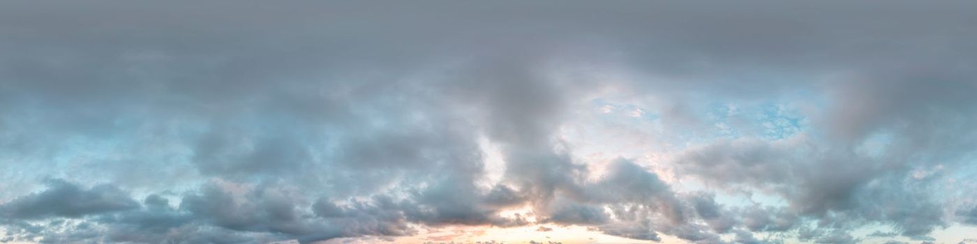 Dark blue sunset sky panorama with pink Cumulus clouds. Seamless hdr 360 pano in spherical equirectangular format. Full zenith for 3D visualization, game, sky replacement for aerial drone panoramas