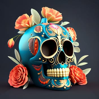 Traditional realistic Calavera, Sugar Skull decorated with flowers. The day of the dead, Dia de los Muertos celebration background. 3D illustration