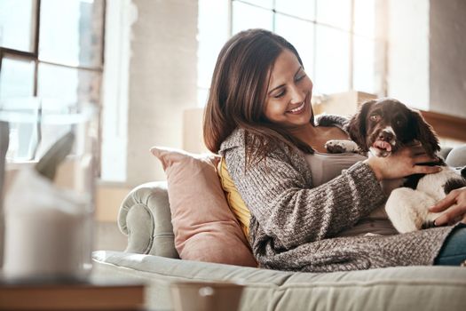 Woman relax on couch, relax and content at home with pet.and happy together with peace and care in living room. Happy woman with puppy, cuddle on sofa and love for animals with smile and happiness.