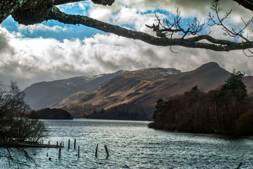 The marina in the Lake District area. with beautiful mountains as a backdrop.