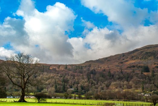 Sheep farm with a mountain backdrop in the Lake District.