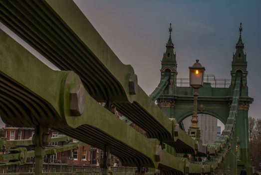 The steel structure of the Hammersmith Bridge in west London. The first suspension bridge over the River Thames from Hammersmith to Barnes