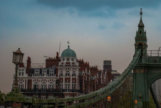 Hammersmith Bridge in west London. The first suspension bridge over the River Thames from Hammersmith to Barnes