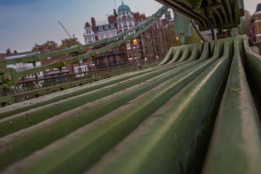 The steel structure of the Hammersmith Bridge in west London. The first suspension bridge over the River Thames from Hammersmith to Barnes