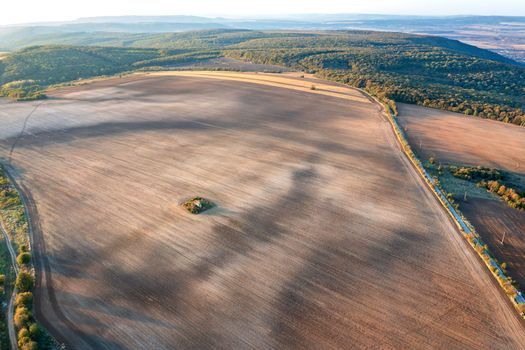 vast aerial view from drone to processed agricultural fields.