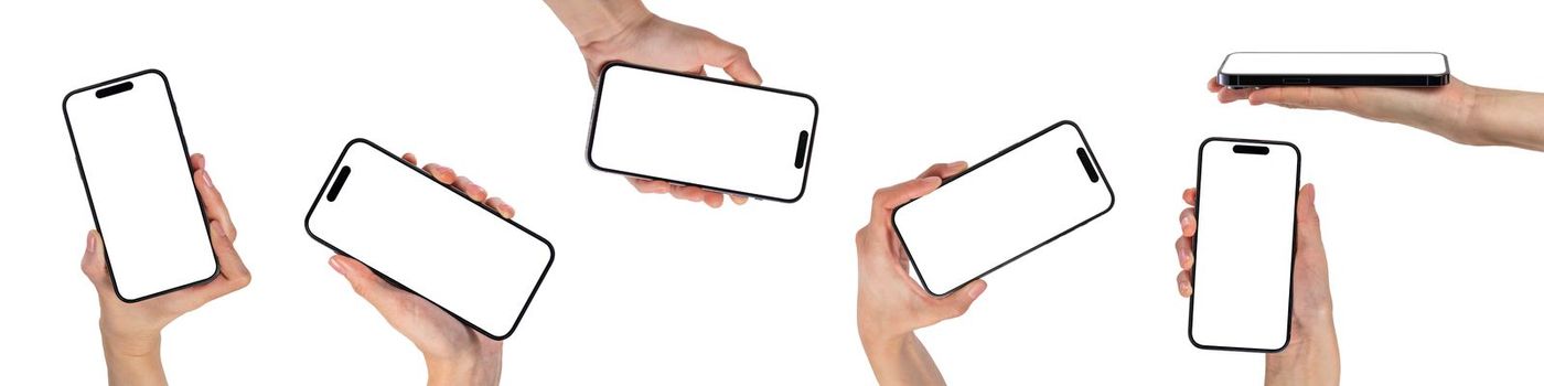 Phone in hand, set. Modern, new phone in hand isolated on white background from different angles. Mockup set, smartphones in hands from different sides to be inserted into the project.