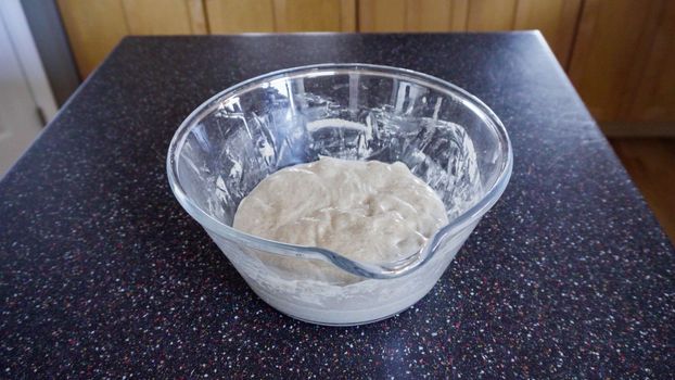 Step by step. Baking sourdough bread in residential kitchen.