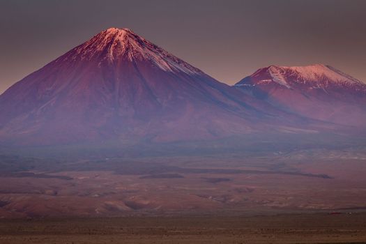 Licancabur and Peaceful dramatic volcanic landscape at Sunset, Atacama Desert, Chile