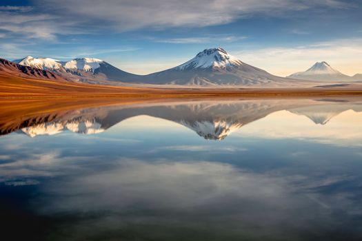 Salt lake Lejia reflection and idyllic volcanic landscape at Sunset, Atacama desert, Chile