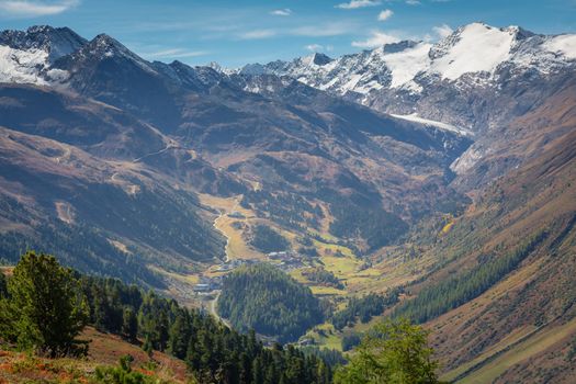 Obergurgl resort village in Otztal alps at springtime, Tyrol, Austria border with Italy