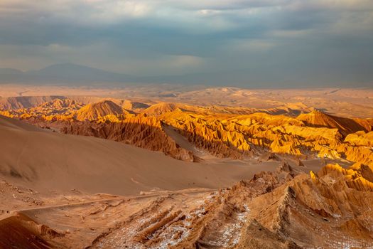 Peaceful Moon Valley dramatic landscape at Sunset, Atacama Desert, Chile