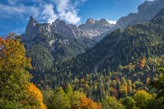 Bavarian alps and valleys from above at dramatic autumn sky near Mittenwald, Germany, border with Austria Tyrol