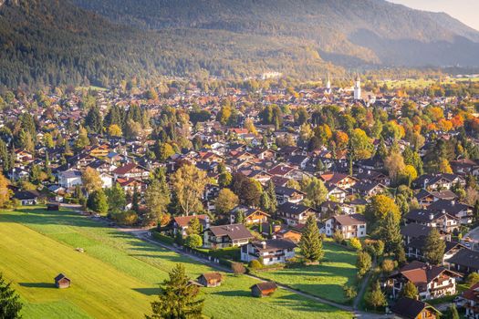 Panorama of Garmisch Partenkirchen cityscape from above at sunrise, Bavaria, Germany
