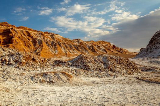 Peaceful Moon Valley dramatic landscape at Sunset, Atacama Desert, Chile