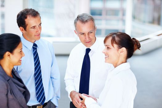 Successful business people discussing together. Portrait of successful business people discussing together