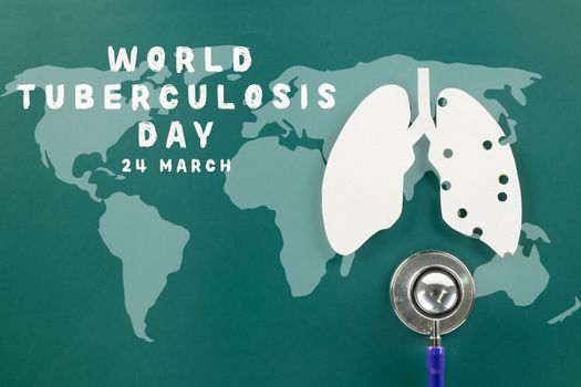 World TB Day. Top view of lungs paper symbol and medical stethoscope on green background, copy space, lung cancer awareness, concept of world tuberculosis day, banner background, pneumonia