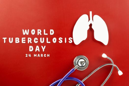 World TB Day. Lungs paper cutting symbol and medical stethoscope on red background, copy space, lung cancer awareness, concept of world tuberculosis day, banner background, respiratory diseases