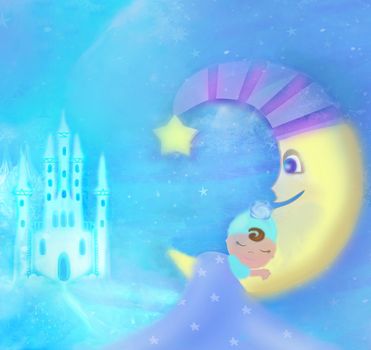 Cute little babe sleeping on moon and dreams of a fairy-tale land illustration