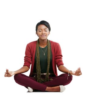 Black woman, sitting and hands in meditation, zen mindset training and mental health wellness on isolated white background. Happy, model and yogi and peace, calm and relax mudra on floor chakra yoga.