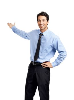 Portrait, business and man with presentation, corporate and speaker isolated on white studio background. Male employee, presenter and entrepreneur with feedback, smile and communication on backdrop.