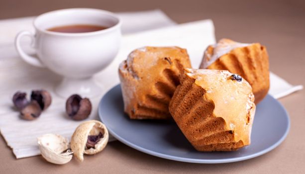 Pecan nut muffins with cup of tea on a plate. Grey background with cupcake Copy space.