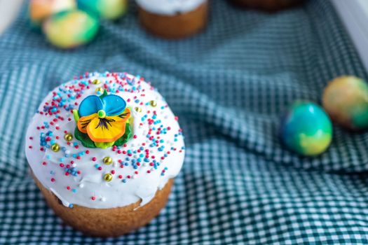 Homemade Easter cake with with traditional decoration , Easter recipe.