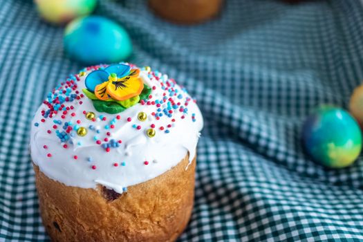 Postcard with Easter bread. Cakes with icing. Spring festival. Kulich. Happy Easter day. Cake with raisins. Christian traditions. Space for text. Copy space. White background