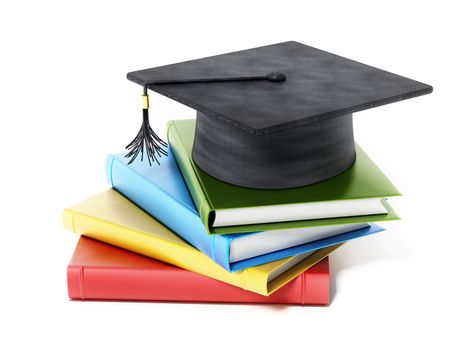 Mortarboard standing on book stack. 3D illustration.