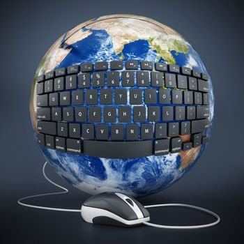 Black keyboard wrapped on the earth connected to computer mouse. 3D illustration.