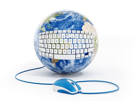 White keyboard wrapped on the earth connected to computer mouse. 3D illustration.