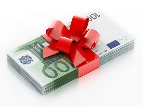 100 euro bills with red ribbon isolated on white background. 3D illustration.