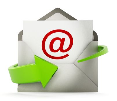 At symbol on open enveloppe. Internet and electronic mail concept. 3D illustration.