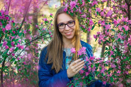 Woman travelling in Altai mountains on spring beautiful booming pink Rhododendron flowers background