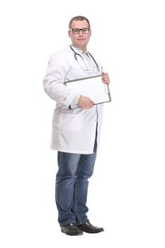 Friendly young doctor holding and pointing to notepad on isolated white background