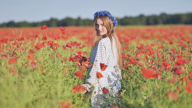 Ukrainian girl walking through a red poppy field
