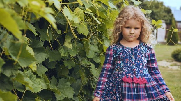 A smiling little girl walks in the garden