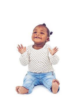 If youre happy and you know it clap your hands. Studio shot of a happy baby girl isolated on white
