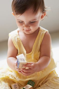 Developing little mind. an adorable baby girl sitting on the floor playing with toys
