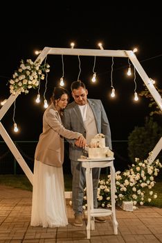 newlyweds happily cut, laugh and taste the wedding cake