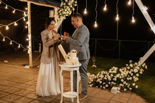 newlyweds happily cut, laugh and taste the wedding cake