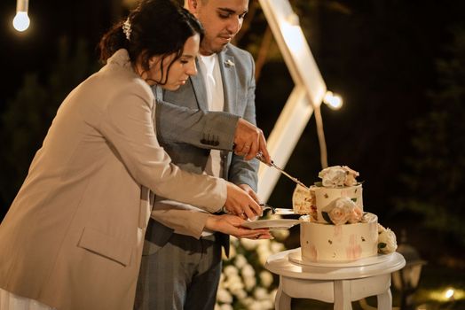 newlyweds happily cut, laugh and taste the wedding cake