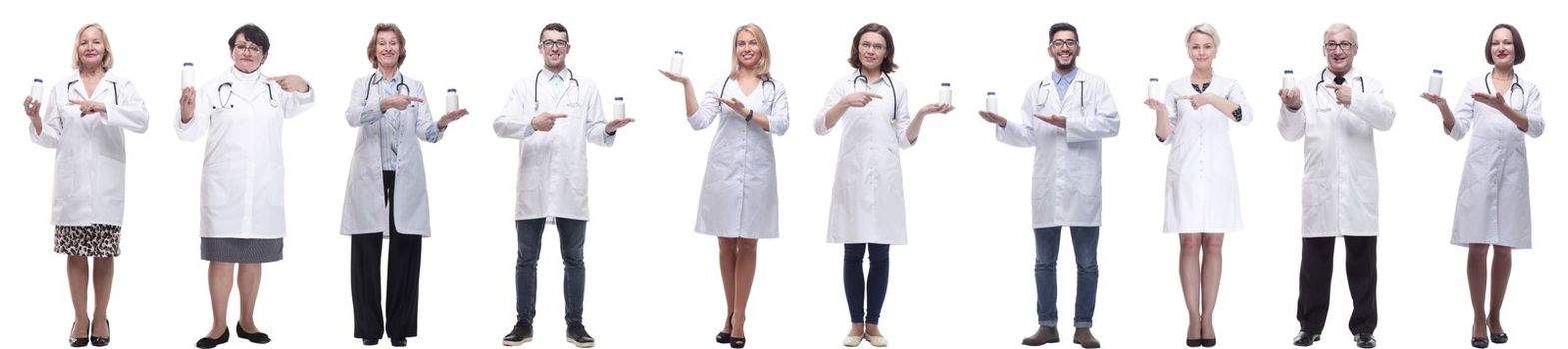 group of doctors holding jar isolated on white background