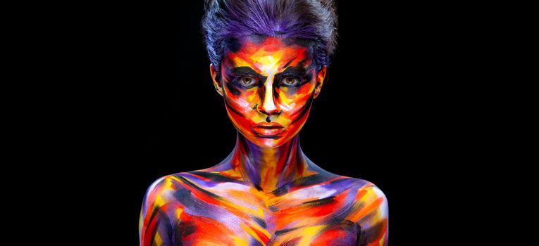 Download high quality photo for the cover of an audio CD or book. Portrait of the bright beautiful girl with art colorful make-up and bodyart.