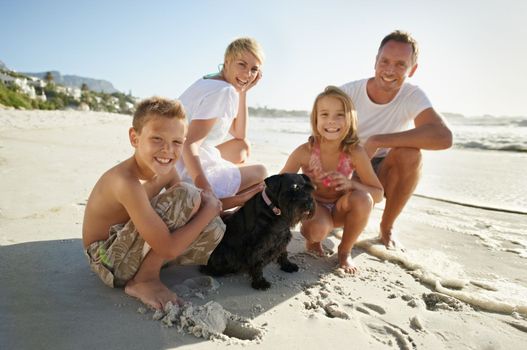 Family day at the beach. A family having fun at the beach with their pet dog