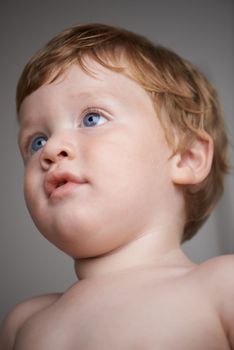Wide-eyed innocence. Cute red-headed toddler looking away against a grey background