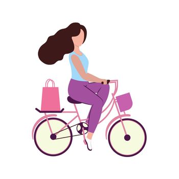 A beautiful young woman rides a Bicycle with shopping from a store. Package with food and food. Vector flat cartoon illustration. Logo of a sports store, Cycling, or gym.