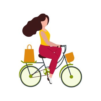 A beautiful girl rides a Bicycle to the store for shopping. The concept of a healthy lifestyle, Cycling, sports. The delivery of food. Vector cartoon flat illustration